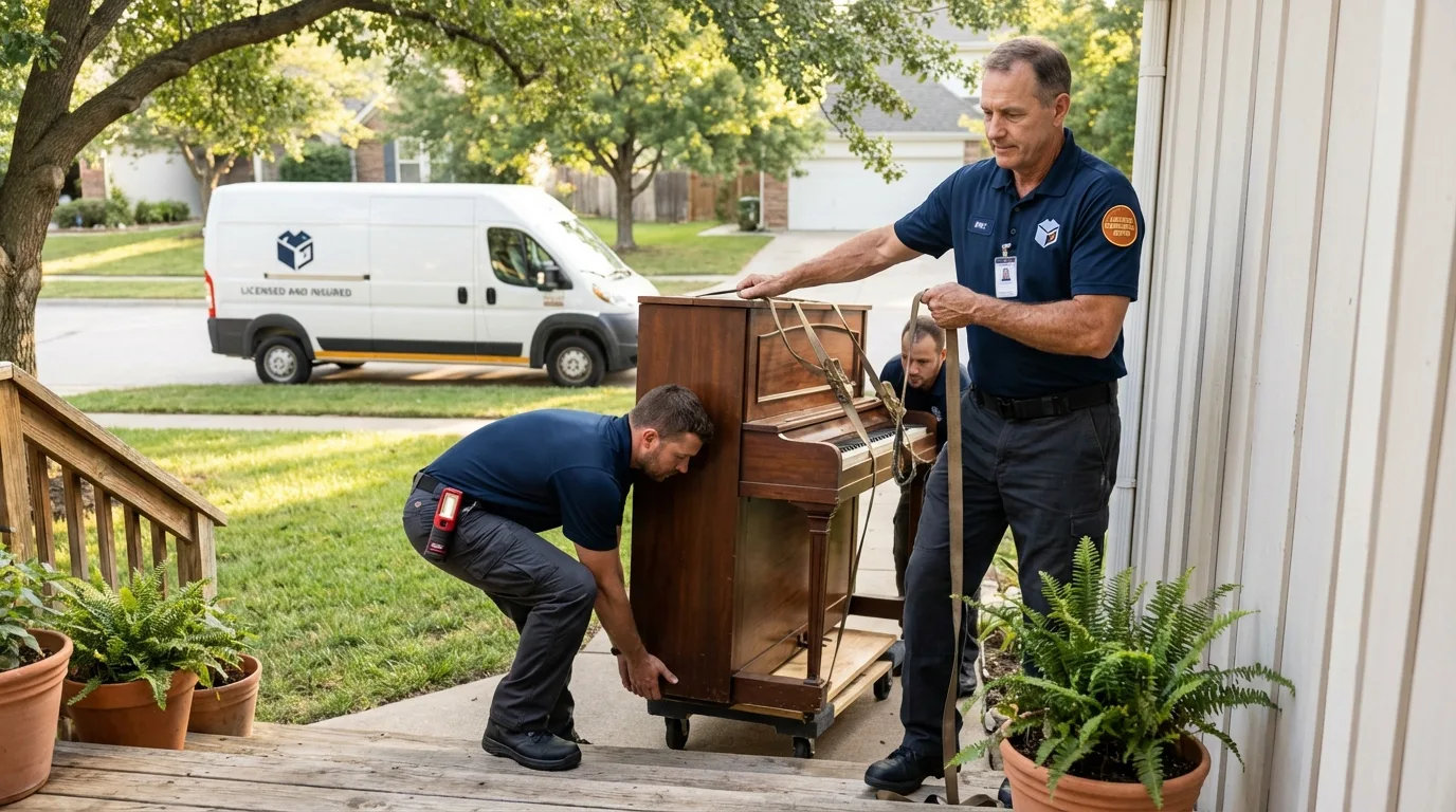 Licensed piano movers securing grand piano in Kincaid, IL