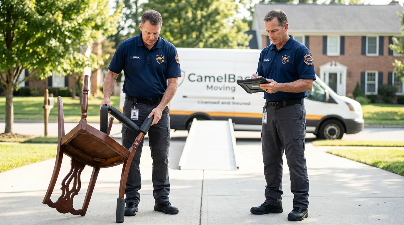 Movers inspecting furniture for damage prevention before loading in Kincaid, IL