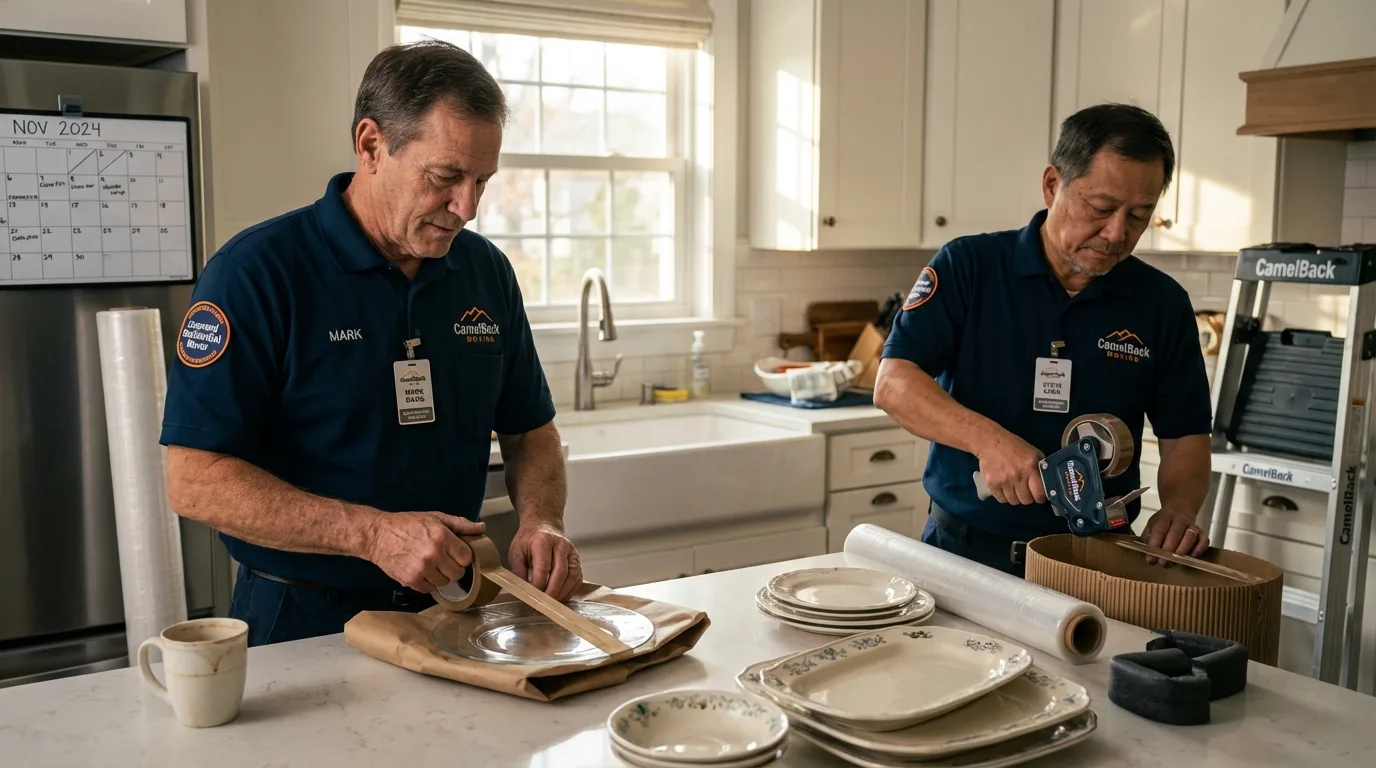 Professional crew packing kitchen dishware in Kincaid, IL